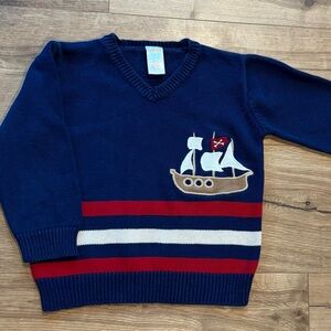Gymboree Appliqué Pirate Ship Navy Blue Stripe V Neck Knit Cotton Sweater Boy 3T